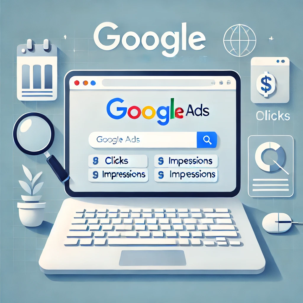 Diagrama de flujo colorido que muestra los pasos de una campaña de búsqueda en Google Ads, con iconos representando investigación de palabras clave, creación de anuncios, configuración de presupuesto y optimización, con el logotipo de DiVi en la esquina